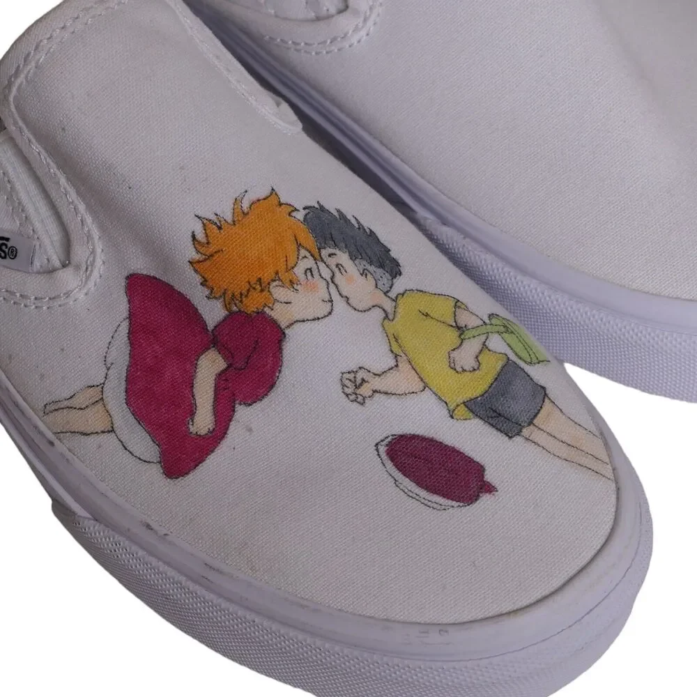 NWT Vans Art Hand Drawn Ponyo Studio Ghibli Women's 7.5 White Shoes Cartoon SPOT